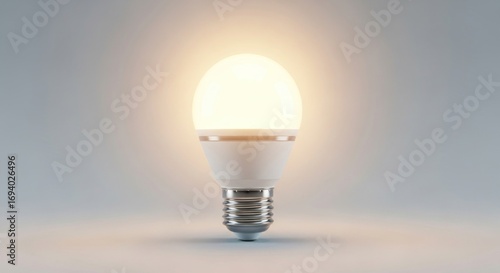 Illuminated LED bulb with metal base glows against a soft, neutral backdrop