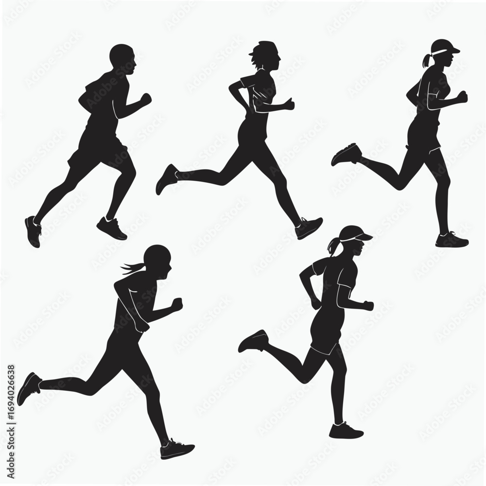 Fototapeta premium Five black running silhouettes on white sport athletes