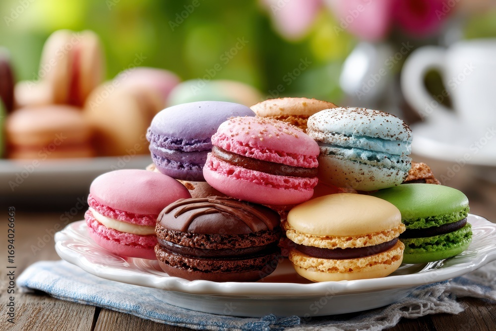 Obraz premium Colorful macarons on a plate outdoors