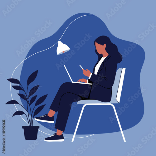 Focused professional woman multitasking with a laptop and smartphone in a modern workspace. Represents remote work, business productivity, and digital communication.