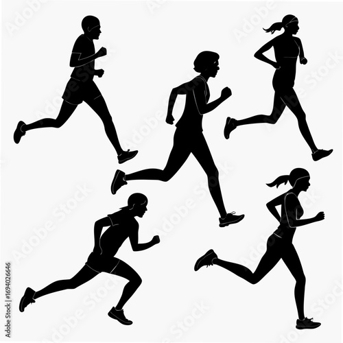 Five black running silhouettes on white athletes sport