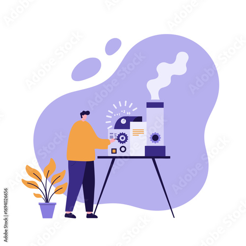 Man operating an innovative machine with gears and controls, symbolizing production, development, and industrial technology in a modern business context.