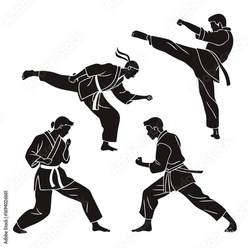 Five martial artists in dynamic poses martial arts karate