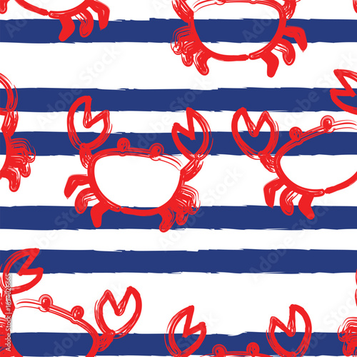 Hand Drawn Red Crabs on striped marine seamless pattern Vector Illustration Design for fabric, textile, fashion, wrapping and all prints