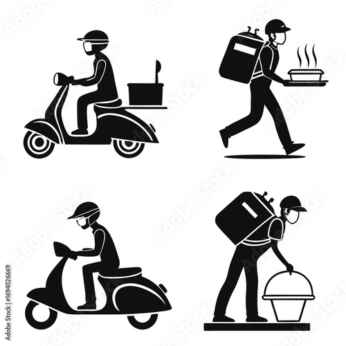 Food delivery couriers on scooters and on foot motorcycle walking
