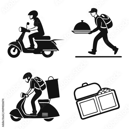 Food delivery icons rider on scooter carrying food and delivery bag silhouette