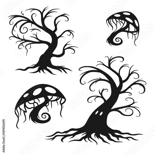 Four abstract black organic shapes surreal