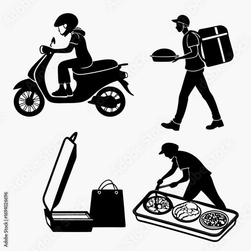 Food delivery service icons rider scooter and containers helmet