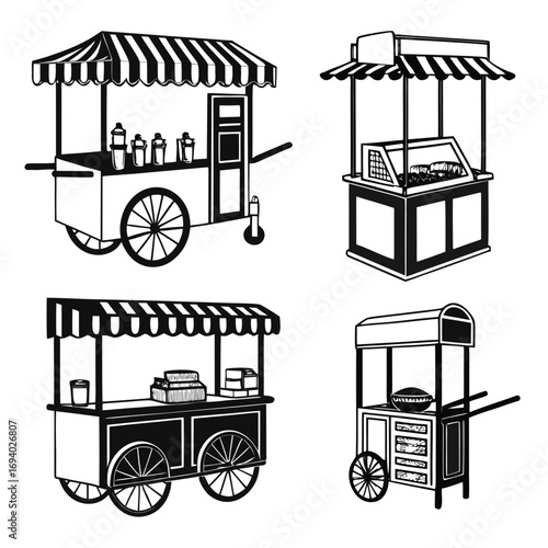 Four black and white food carts with awnings stall vendor