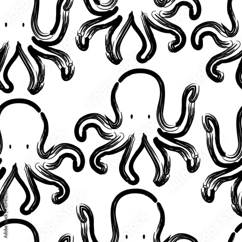 Hand Drawn Seamless octopus pattern in monochrome style Vector Illustration ink Design for fabric, textile, fashion, wrapping and all prints