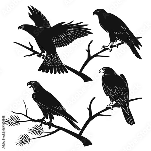 Four black bird silhouettes perched on branches vector