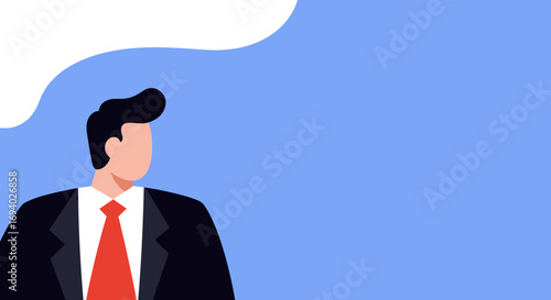 Stylized illustration of a businessman in a suit and tie, looking towards an empty speech bubble. Ideal for corporate communication, thought, or business concepts with copy space.