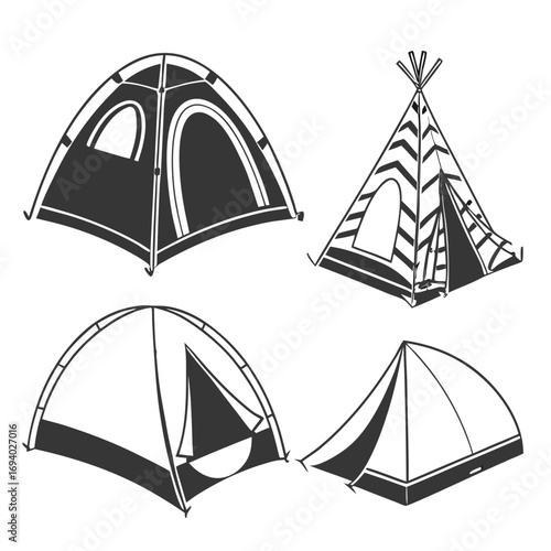 Four camping shelter silhouettes dome teepee tent dome tent