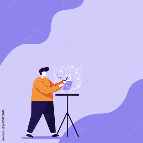 A man uses a stylus to analyze a complex digital network on a transparent screen, symbolizing global connectivity and technological innovation.
