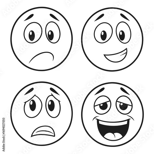 Four cartoon faces expressing different emotions happy bored