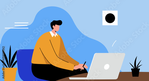 Man works diligently on his laptop in a modern home office, symbolizing remote work, productivity, and digital creativity for business and lifestyle content.