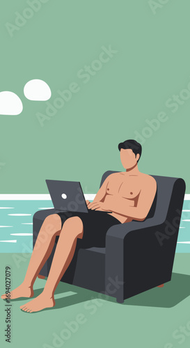 Relaxed man in swim trunks using a laptop outdoors near the water, embodying modern remote work, digital nomadism, and a flexible lifestyle.