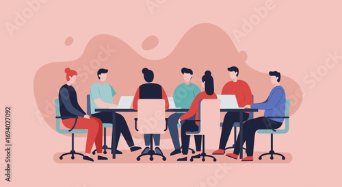 Diverse business team collaborating in a modern meeting room with laptops. Fosters teamwork, communication, and innovative strategic planning in a professional environment.