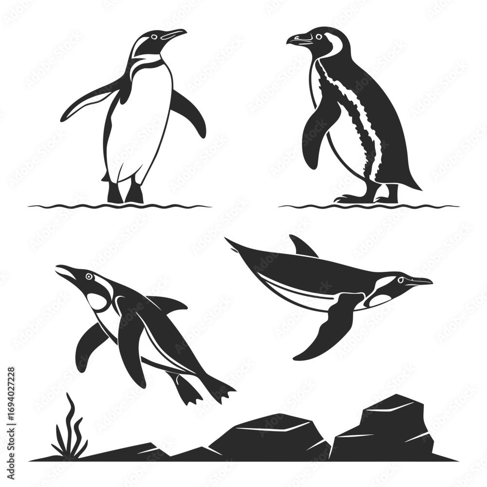 Obraz premium Four penguins in silhouette on water and rocks black and white ocean