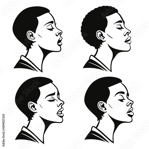 Four profile faces expressing different emotions black and white illustration