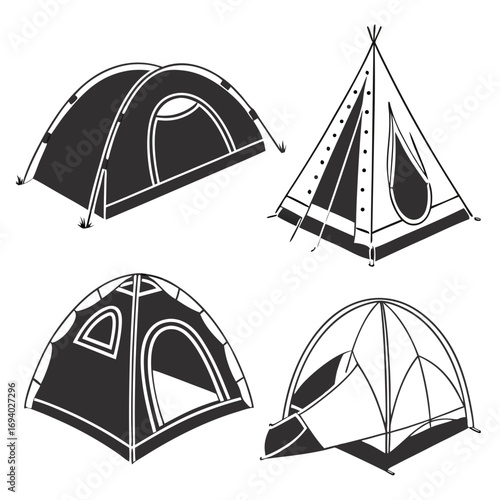 Four tent silhouettes dome teepee tunnel camping shelter