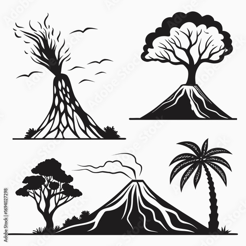 Four stylized trees and volcanoes with birds silhouette palm tree