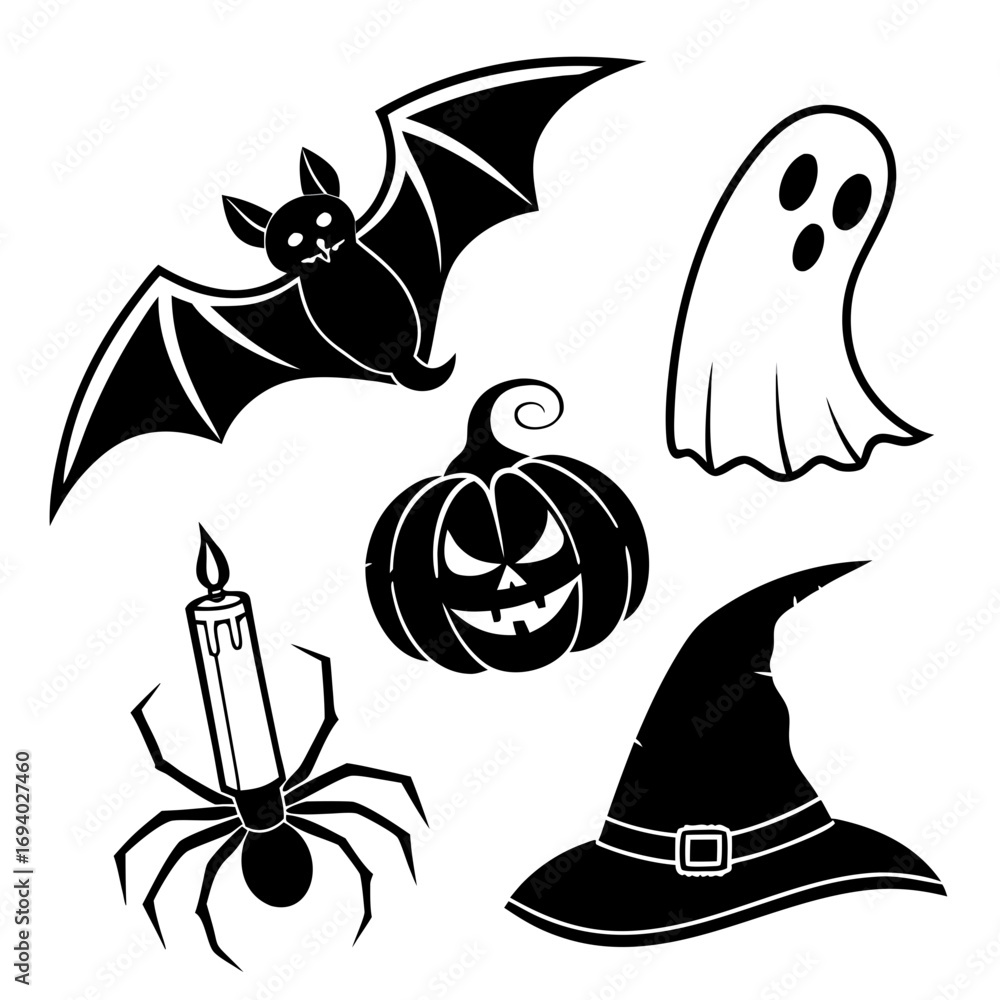 Obraz premium Halloween bat ghost pumpkin spider candle witch hat vector