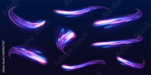 Big set neon line as speed or arc, turn, twist, bend in light effect. Futuristic dynamic motion technology. Neon color glowing lines background, high-speed light trails effect.	