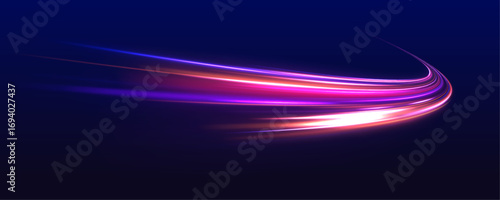 Abstract image of speed motion on the road. Vector glitter light fire flare trace. Dark blue abstract background with ultraviolet neon glow, blurry light lines, waves