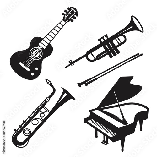 Guitar trumpet saxophone grand piano musical instruments