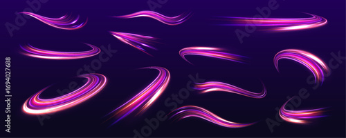 Set of glowing speed spirals on dark background for your neon design. Abstract vector fire circles, sparkling swirls and energy light spiral frames.	