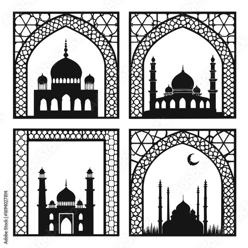 Islamic architecture silhouettes arched frames mosque minaret
