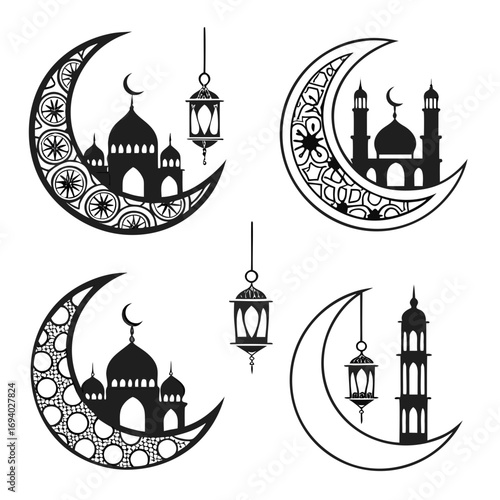 Islamic crescent moon mosque lantern designs silhouette
