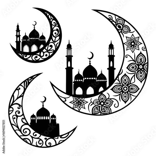 Islamic crescent moons with mosque silhouettes and floral patterns vector
