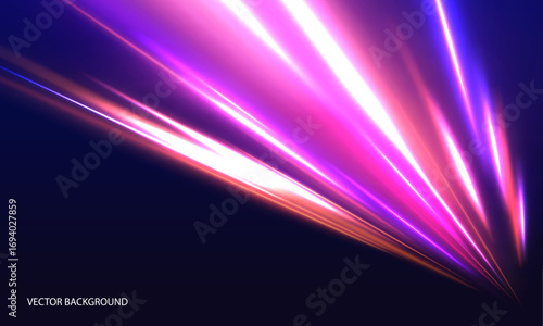 Horizontal night road in the form of a panorama with neon lights. Neon stripes in the form of drill, turns and swirl. Car motion trails. Speed line motion vector background.	
