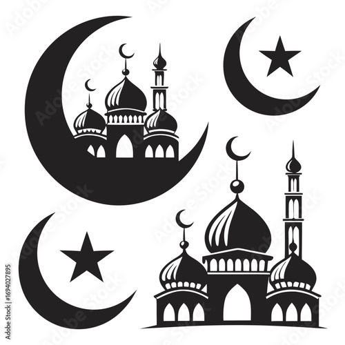 Islamic crescent star mosque silhouettes vector