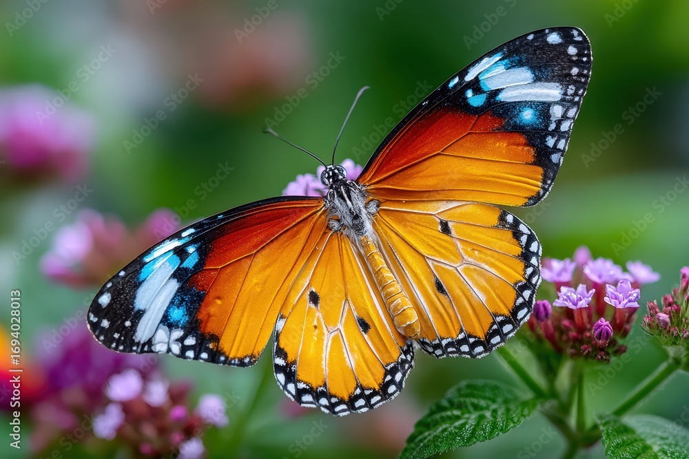 Fototapeta premium Colorful Butterfly with Open Wings on Purple Flowers