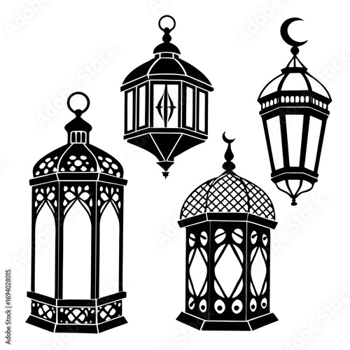 Islamic lanterns silhouettes with crescent moon Ramadan decorations traditional lanterns