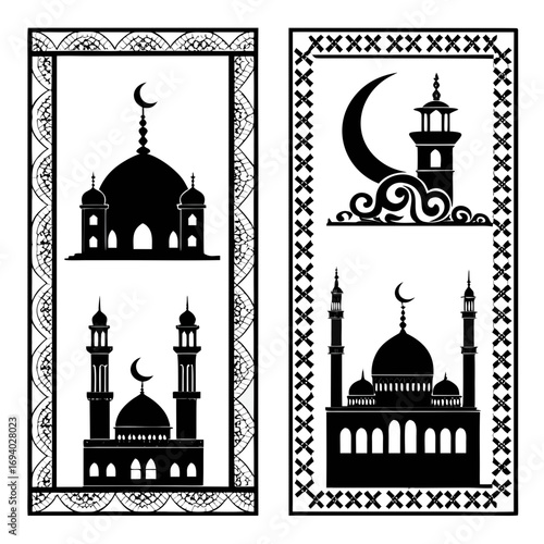 Islamic mosque and crescent moon motifs minaret dome