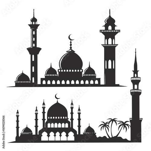 Islamic mosque and minaret silhouettes architecture