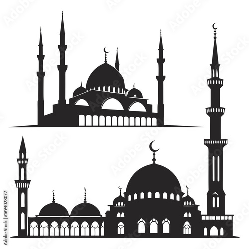 Islamic mosque architectural silhouettes with domes and minarets Islamic architecture