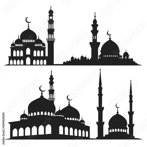 Islamic mosque architectural silhouettes with domes and minarets architecture