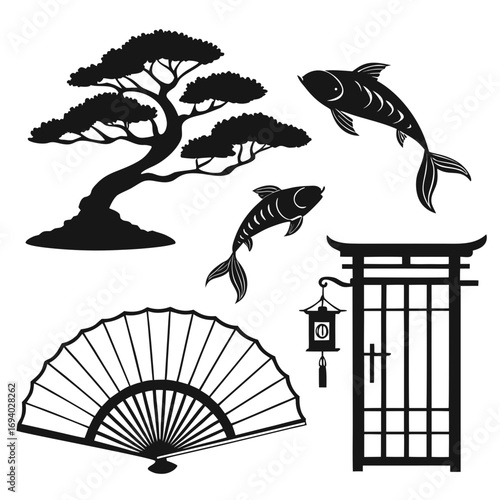 Japanese ink style silhouettes bonsai fish fan torii gate lantern bonsai tree koi fish