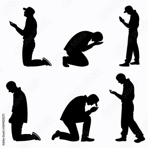 Islamic prayer postures silhouettes vector