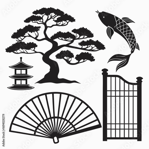 Japanese ink style silhouettes bonsai pagoda koi fan gate tree
