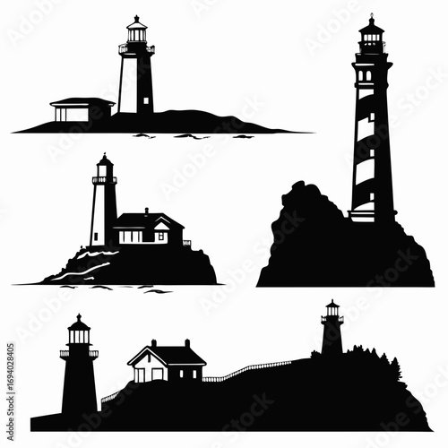 Lighthouse and sea cliff silhouettes black and white coastal