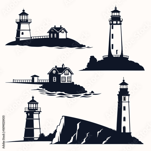 Lighthouse and sea cliff silhouettes ocean water