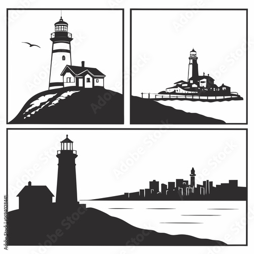 Lighthouses and coastal scenes in silhouette building tower