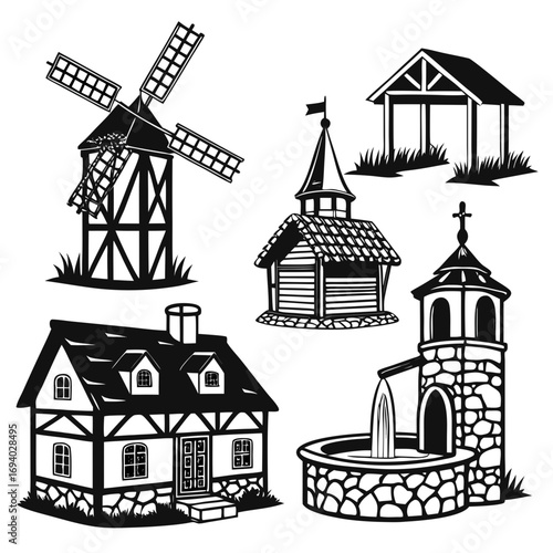 Medieval village structures windmill church house fountain shelter vector