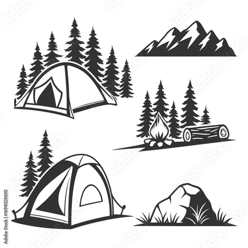 Mountain campsite scenes with tents fir trees campfire and rocks camping mountains
